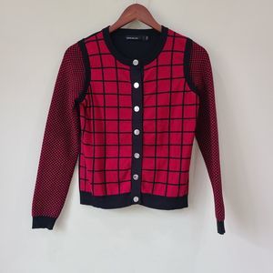 Karen Millen Womens Knit Cardigan Sweater Sz 3 Black Red Snap Button Check Plaid